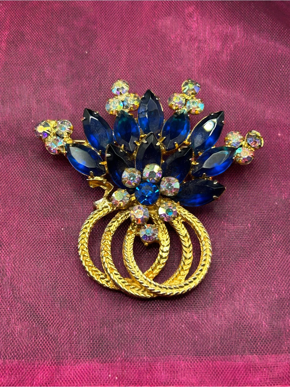 Vintage Juliana Gold-Tone Blue Crystal Floral Brooch